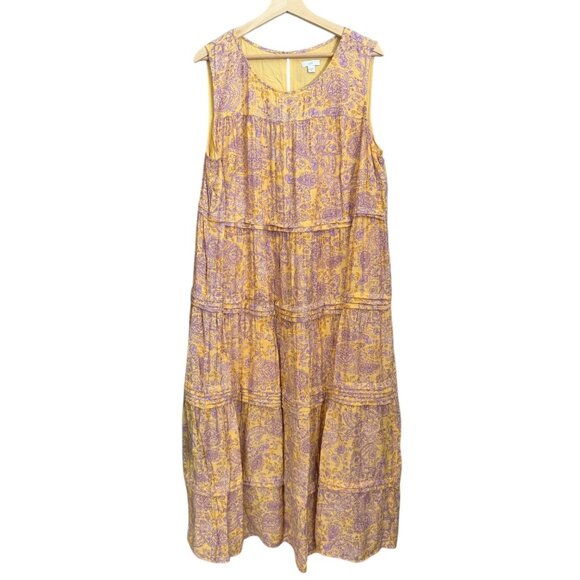 J Jill Paisley Floral Tiered Sleeveless Maxi Dress Yellow XL Cottagecore Peasant - Picture 1 of 8